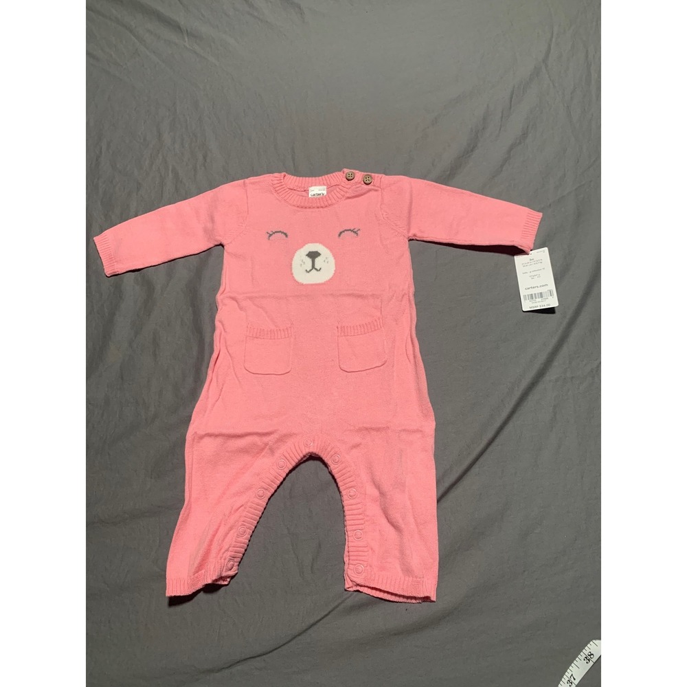 Carters Baby Girls‎ Pink Bear Knit Jumpsuit Romper Sweater One Piece 3M NEW